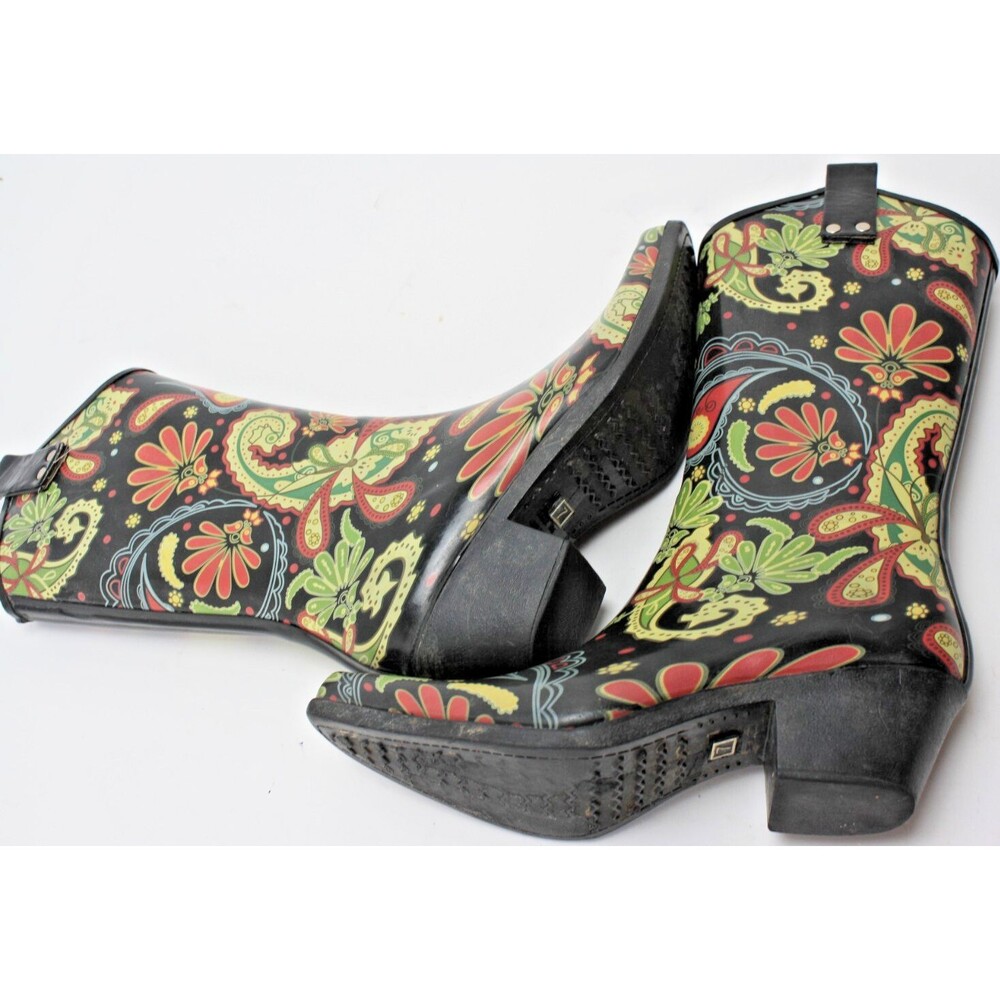 Nomad Boots Womens size 7 Black/Pink/Green Flower Rodeo Western Cowboy Rain - Picture 8 of 8